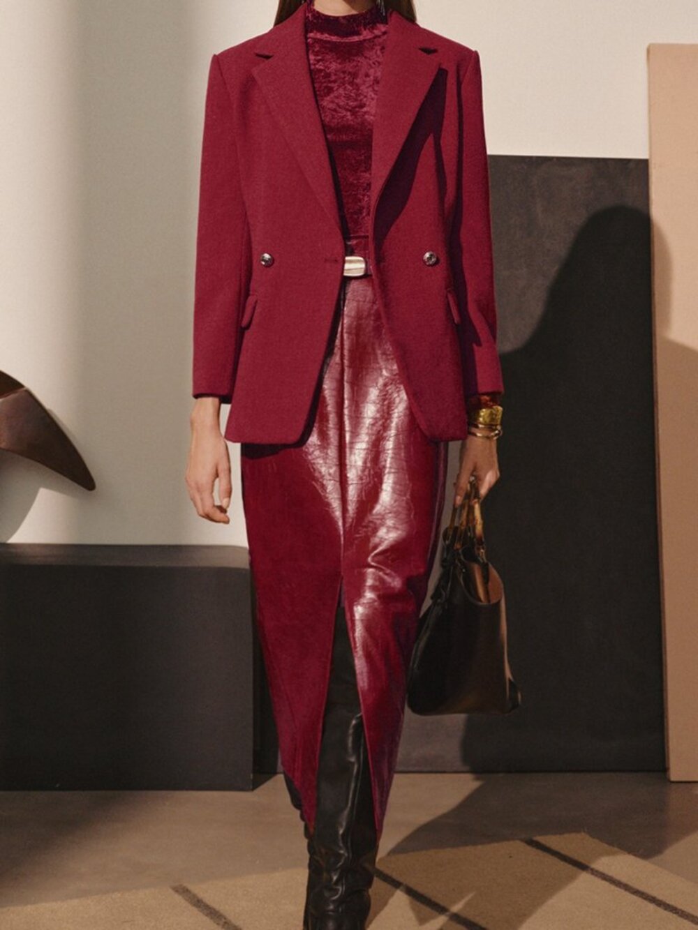 Red Elegant Women's Double Button Lapel Blazer